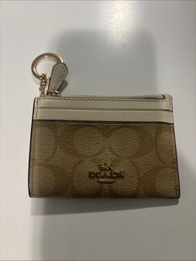 Coach Khaki Canvas and Chalk Leather Card Case with Keyring